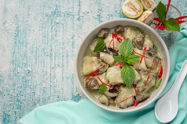 Free Photo thai food. green coconut curry pork with eggplants