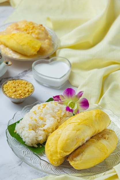 Free photo thai sweet sticky rice with durian in a dessert.