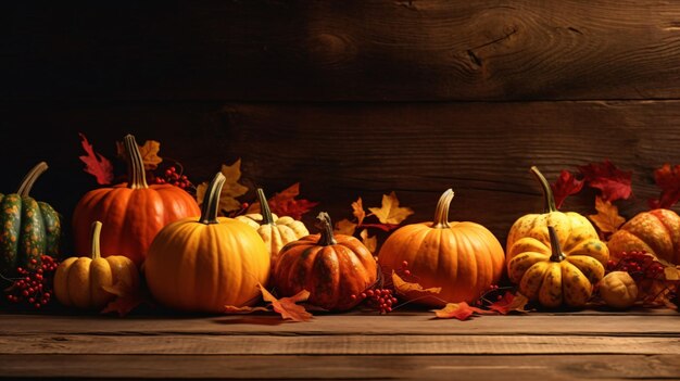 Thanksgiving or autumn scene with pumpkins autumn leaves and berries on wooden table