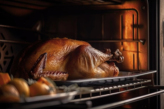 Thanksgiving turkey in the oven for Thanksgiving day or Christmas dinner AI generative