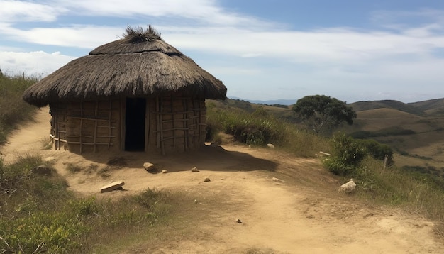 Free photo thatched hut on african meadow rustic vacation spot generated by ai