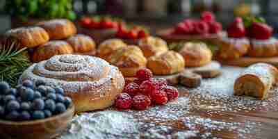 Free photo there are various pastries and berries spread out across the table