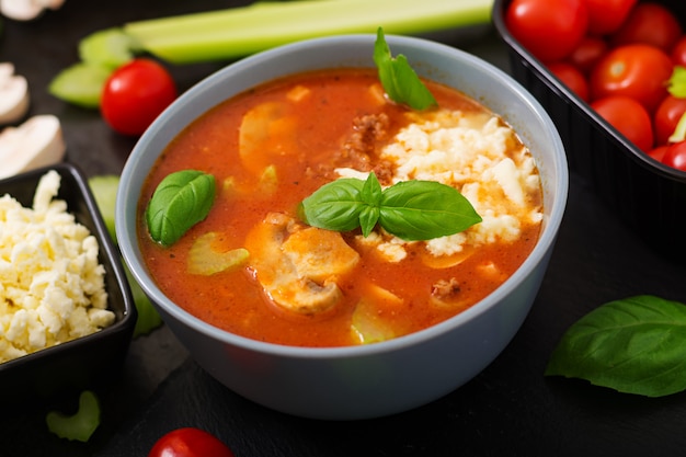 Thick tomato soup with minced beef, mushrooms and celery.