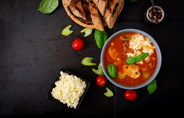 Thick tomato soup with minced beef, mushrooms and celery.