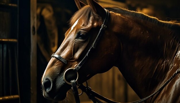 Thoroughbred stallion beauty in nature portrait outdoors generated by AI