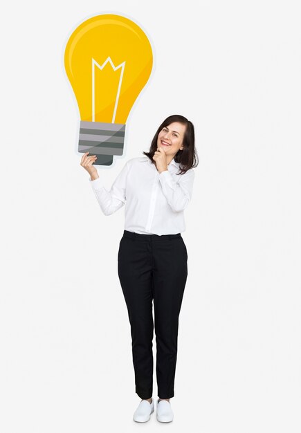 Thoughtful woman with a light bulb icon