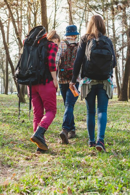 Three backpackers in forest view from the back