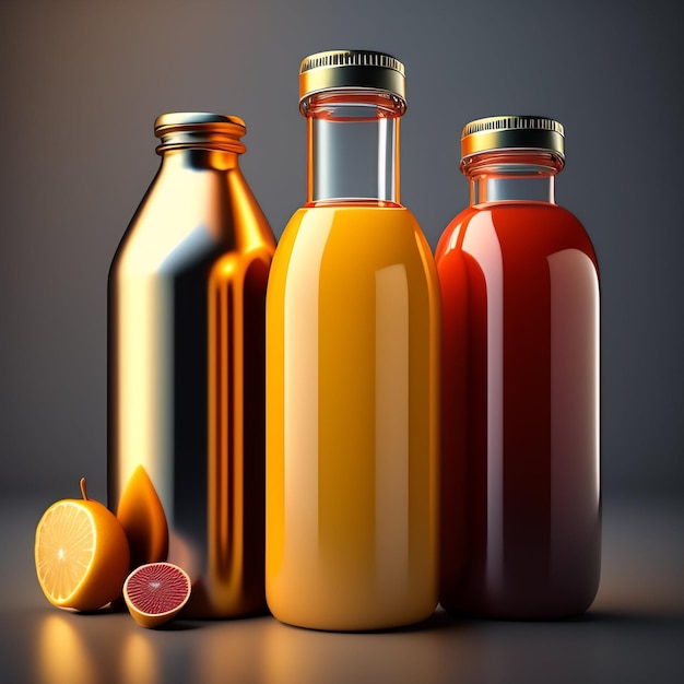 Three bottles of orange juice are next to each other with a slice of grapefruit on the right.