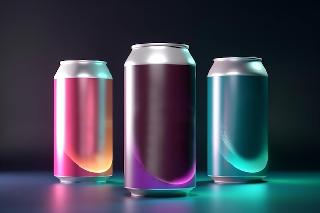 Free photo three colorful drink cans isolated on black background ai generative