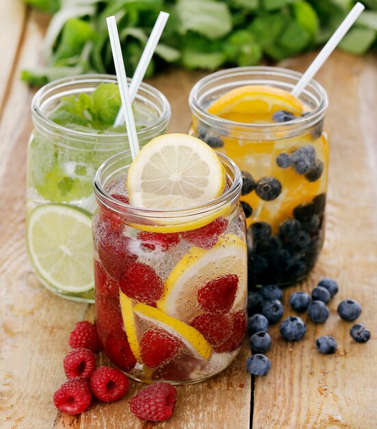 Three different drinks on a table