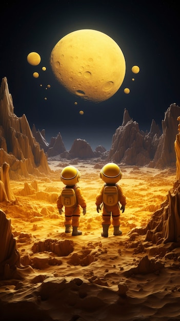 Free photo three-dimensional kids on an adventure to explore the moon and space