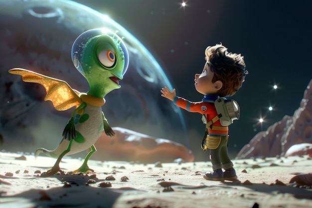 Free photo three-dimensional kids on an adventure to explore the moon and space