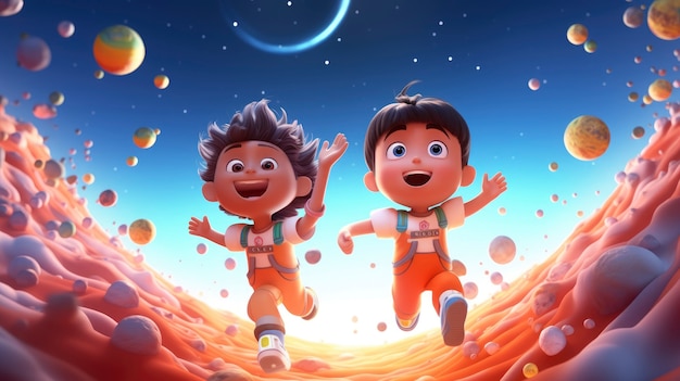 Free photo three-dimensional kids on an adventure to explore the moon and space