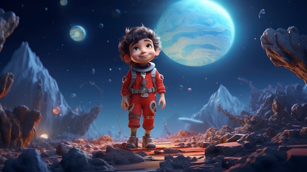 Free photo three-dimensional kids on an adventure to explore the moon and space