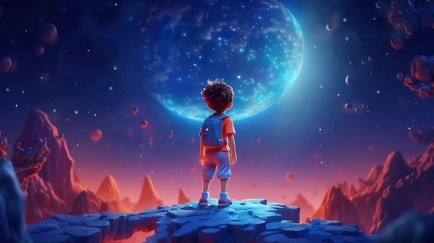 Free photo three-dimensional kids on an adventure to explore the moon and space