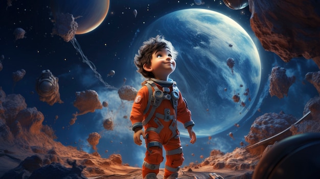 Free photo three-dimensional kids on an adventure to explore the moon and space