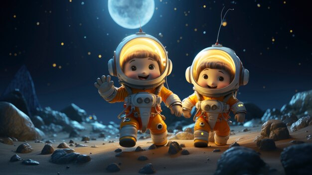 Free Photo three-dimensional kids on an adventure to explore the moon and space