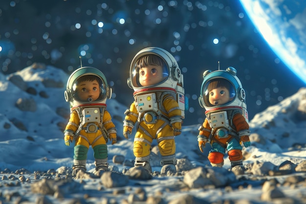 Free photo three-dimensional kids on an adventure to explore the moon and space