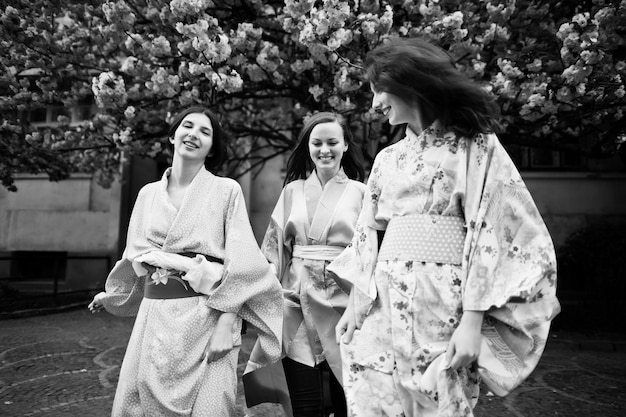 Three european girls wearing traditional japanese kimono background blossom pink sakura tree