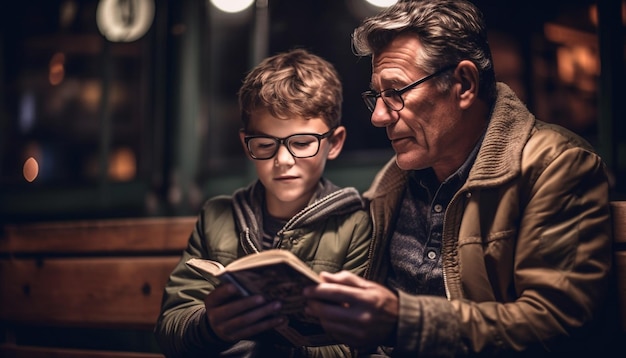 Three generations bonding through education and reading generated by AI