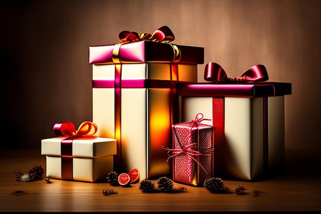 Three gift boxes with red ribbons and one that says'christmas'on it