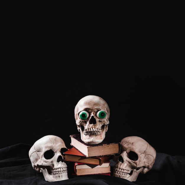 Free photo three skulls and pile of books on black background