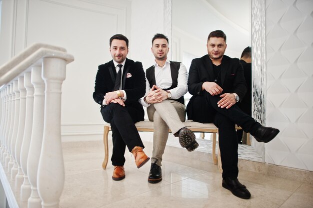 Three stylish bearded man well dressed posed Musician band guys