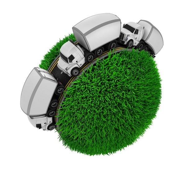 Three trucks in a grassy sphere