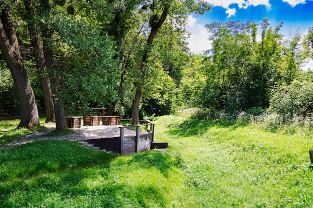 Three wells on the edge of the forest. Beautiful landscape