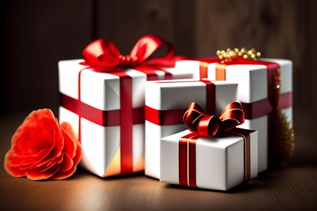 Three white gift boxes with red ribbon and a red bow