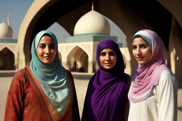 Three women stand in front of a mosque.