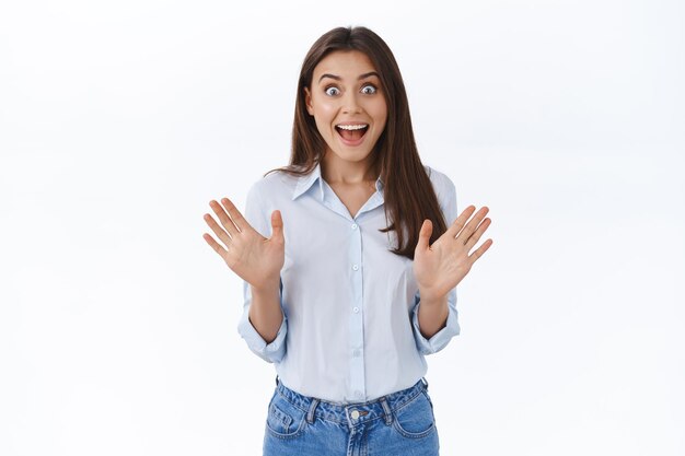 Thrilled surprised girl react happy to exciting great news