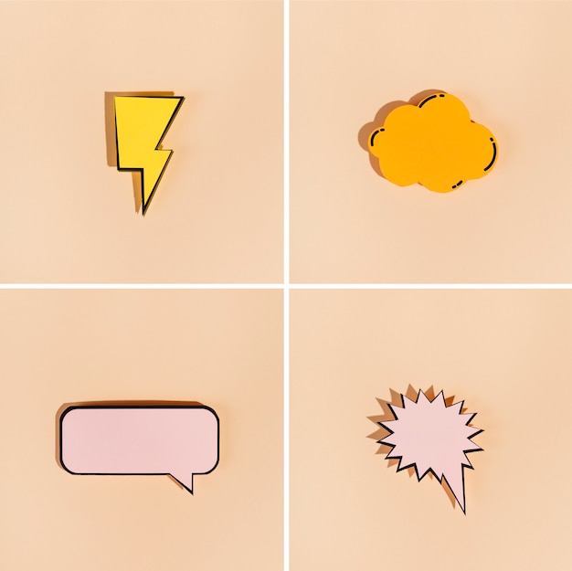 Free photo thunderbolt; cloud; explosion; rectangular speech bubbles on beige background