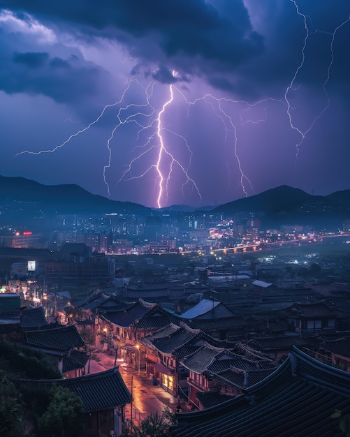 Free photo thunderstorm over city at nighttime