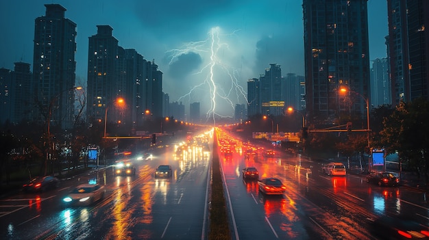 Free photo thunderstorm over city at nighttime