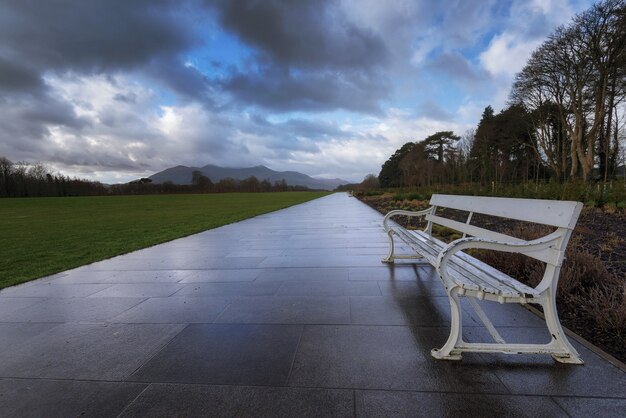 Tiled pathway and metal benches taken in Killarney National Park in Killarney, County KerryIrelan