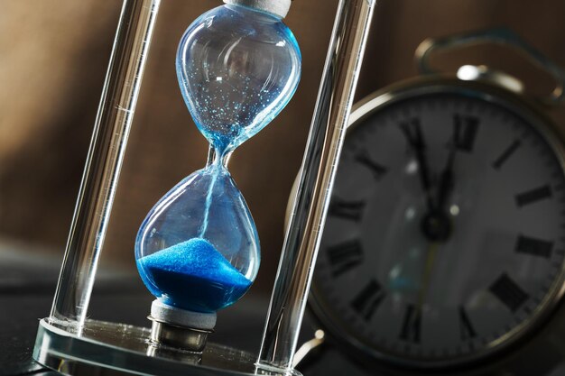 Time is passing blue hourglass close up