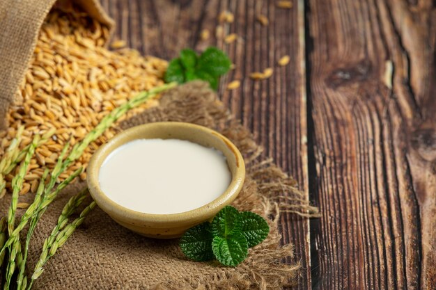 Tiny bowl of rice milk with rice plnt and rice seed put on wooden floor