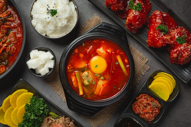 Free photo tofu and yolk boiled in spicy soup