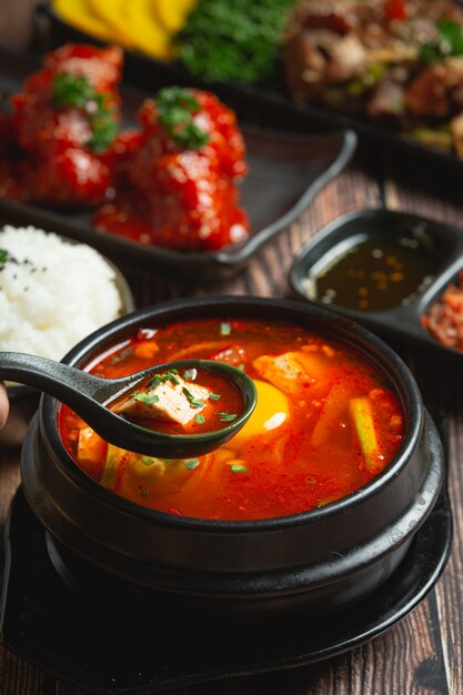 Tofu and yolk boiled in spicy soup