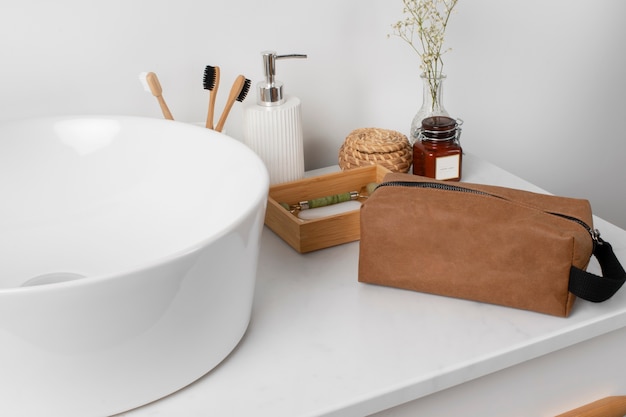 Free photo toilet bag with products high angle