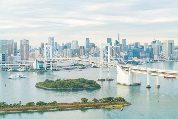 Tokyo skyline with Tokyo tower and rainbow bridge.