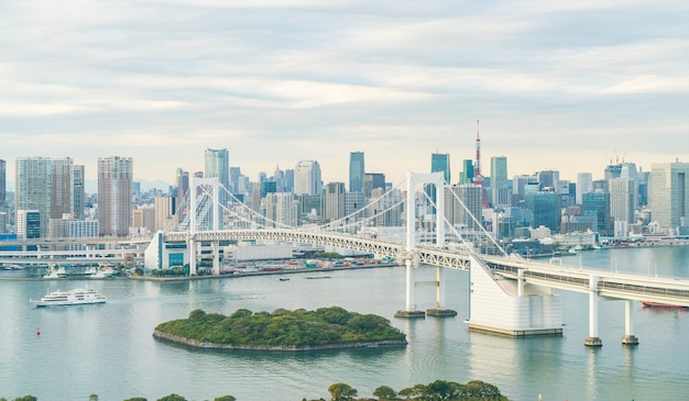 Free photo tokyo skyline with tokyo tower and rainbow bridge.