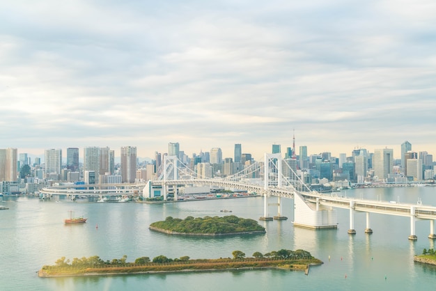 Tokyo skyline with Tokyo tower and rainbow bridge.