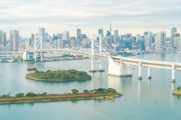 Tokyo skyline with Tokyo tower and rainbow bridge.