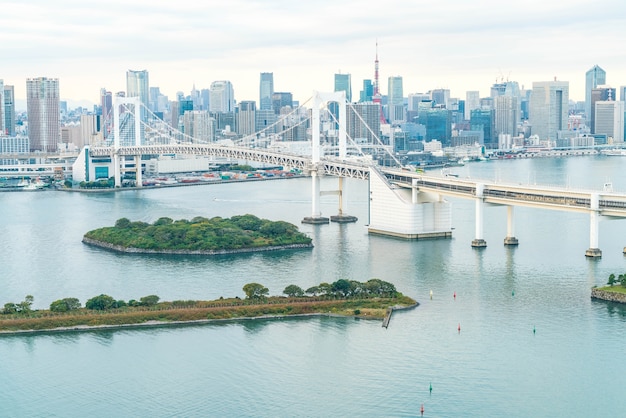 Tokyo skyline with Tokyo tower and rainbow bridge.