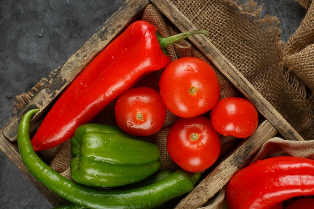 Tomato and chilies together. Top view.