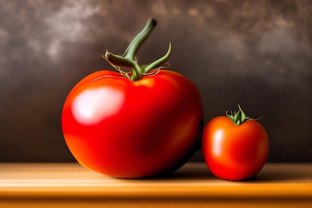 A tomato and a small tomato on a table