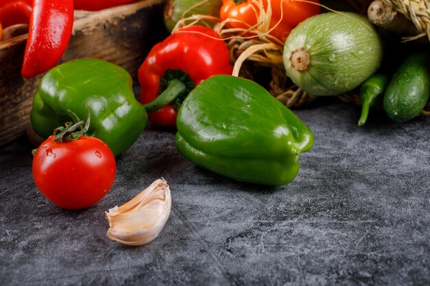 Tomatoes, bell peppers, zucchini and garlics.