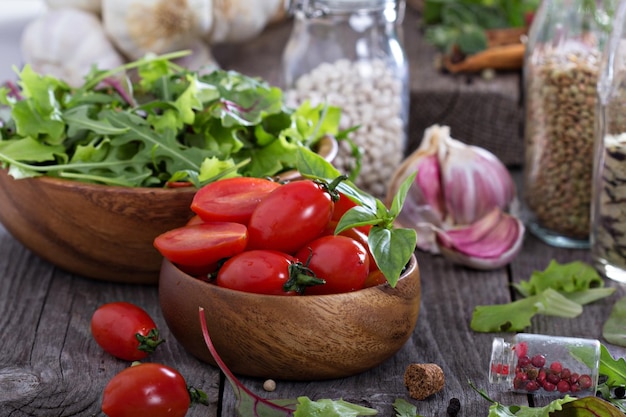 Tomatoes salad leaves beans and rice